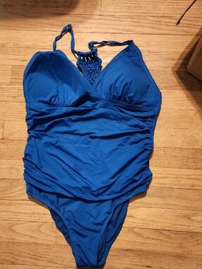 Blue One-Piece Swimsuit with Macramé Neck Detail